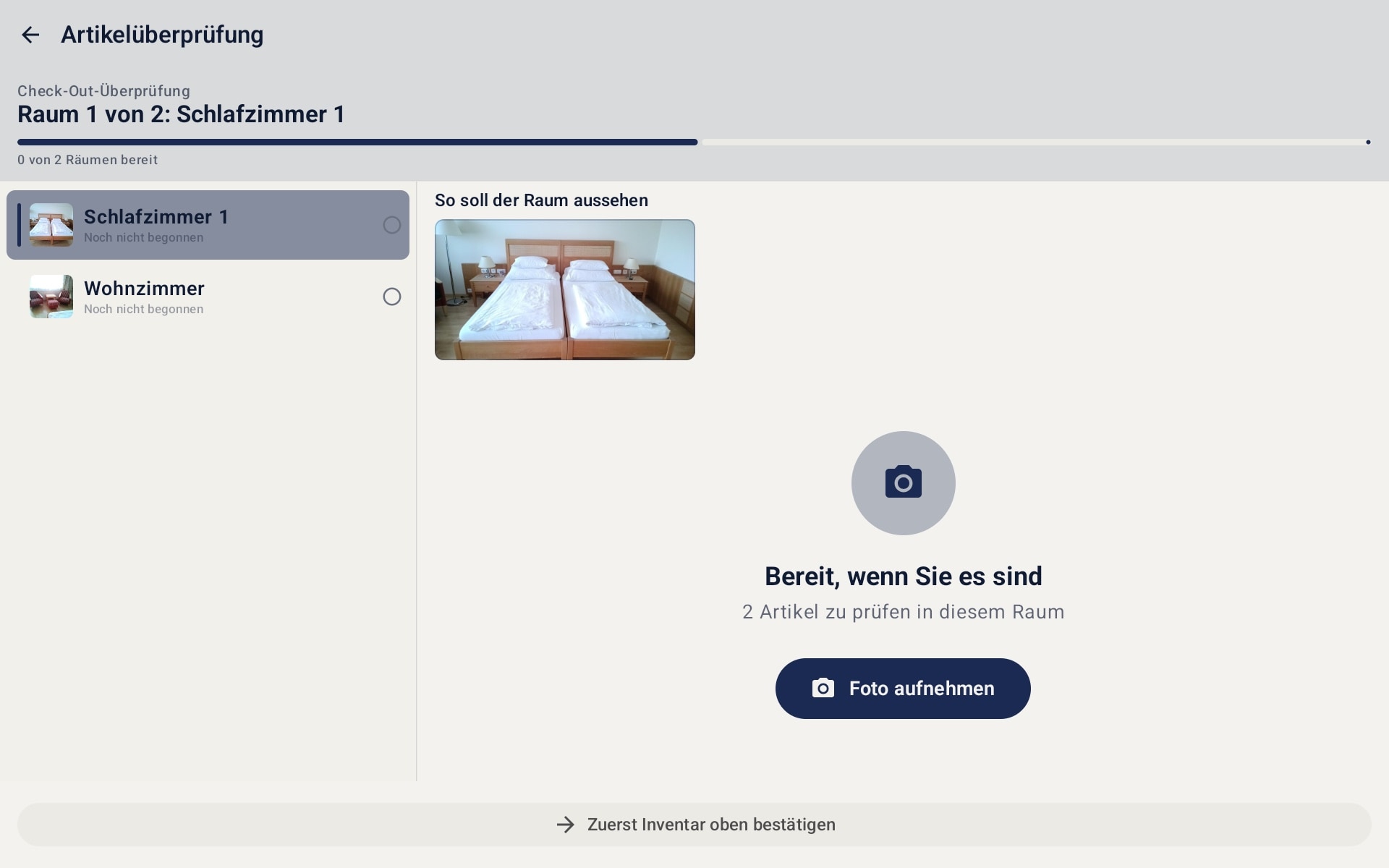 ChaletMoments — the Room Check inventory verification screen on the tablet, showing the room list and reference photo for checkout